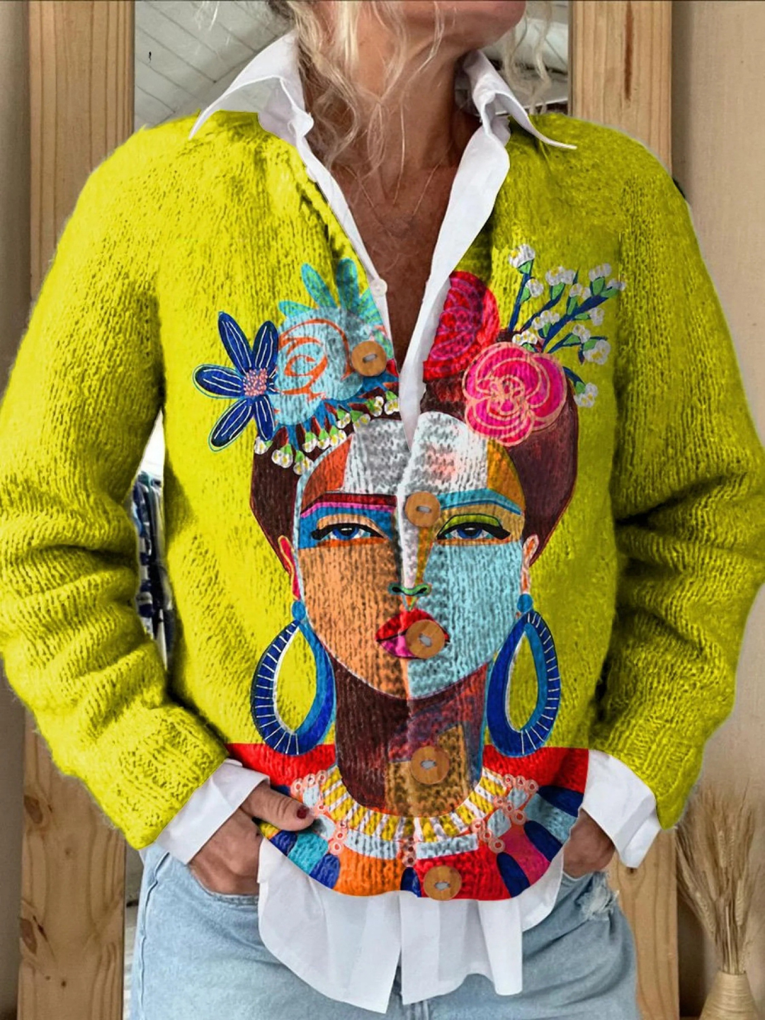 ONA | ÖL-LEINWAND FREDA PORTRAIT KUNST DRUCK BUTTON-UP CARDIGAN