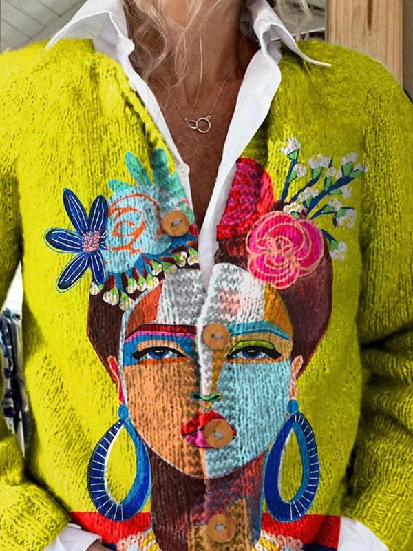 ONA | ÖL-LEINWAND FREDA PORTRAIT KUNST DRUCK BUTTON-UP CARDIGAN