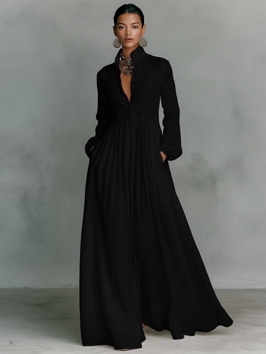 Sita | Maxi Minikleid mit Patchwork, hohem Kragen und langen Ärmeln
