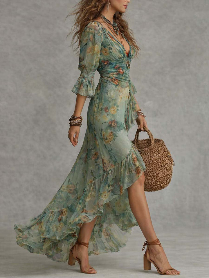 Aurora | Floral Maxi Kleid mit romantischem asymmetrischen Saum