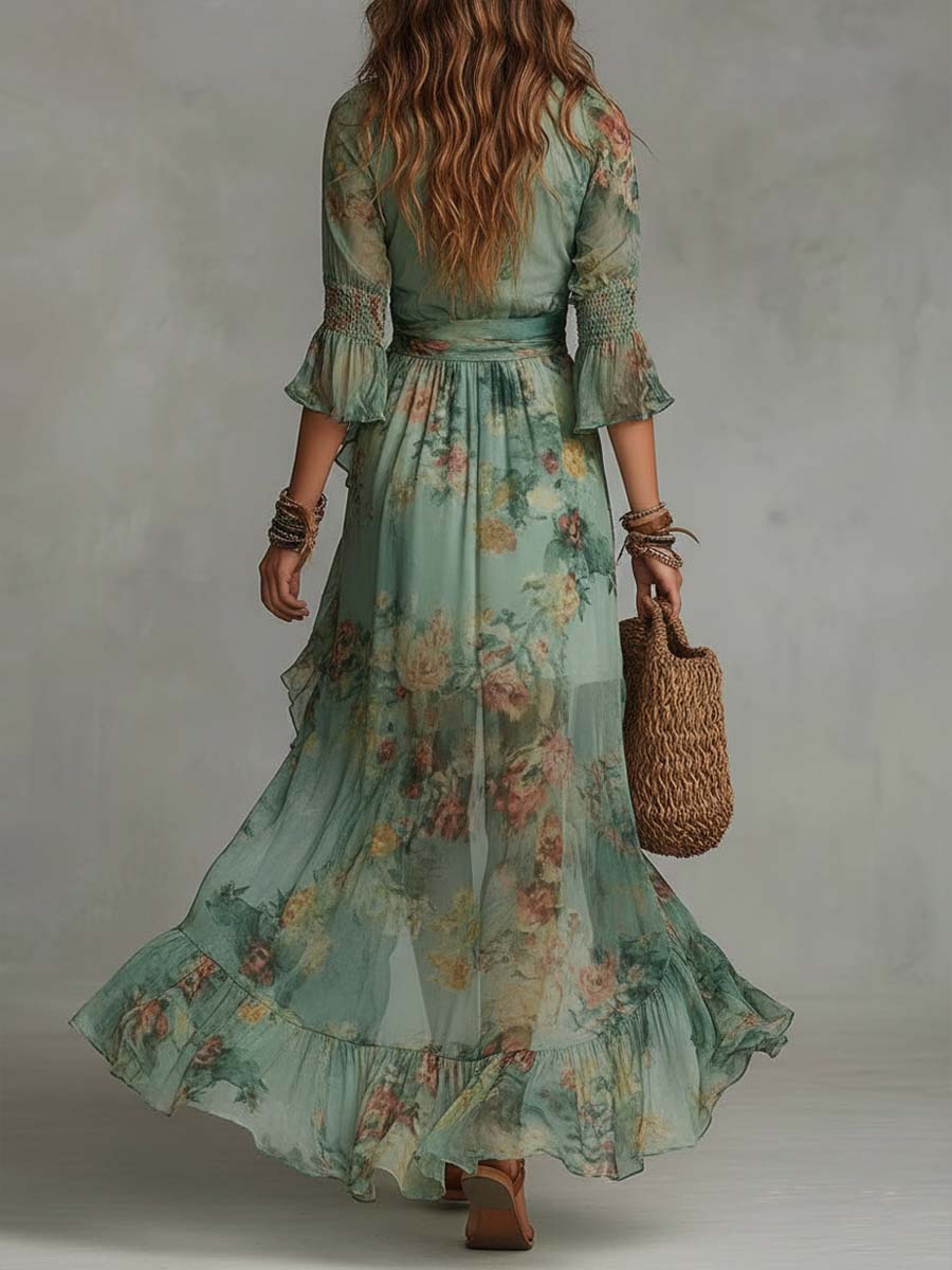 Aurora | Floral Maxi Kleid mit romantischem asymmetrischen Saum