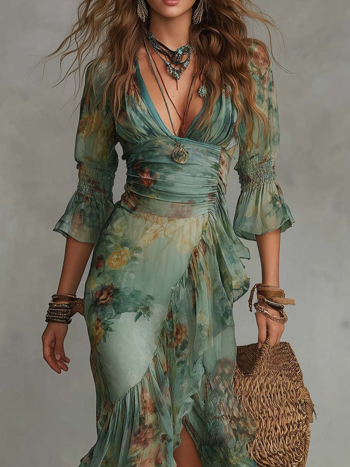 Aurora | Floral Maxi Kleid mit romantischem asymmetrischen Saum