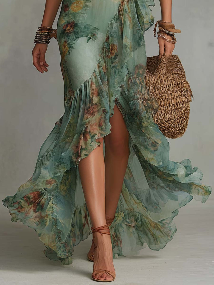 Aurora | Floral Maxi Kleid mit romantischem asymmetrischen Saum