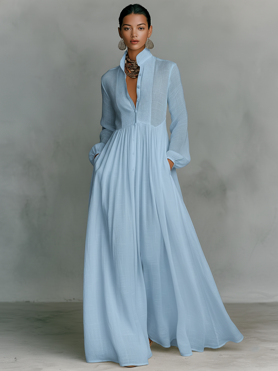 Sita | Maxi Minikleid mit Patchwork, hohem Kragen und langen Ärmeln