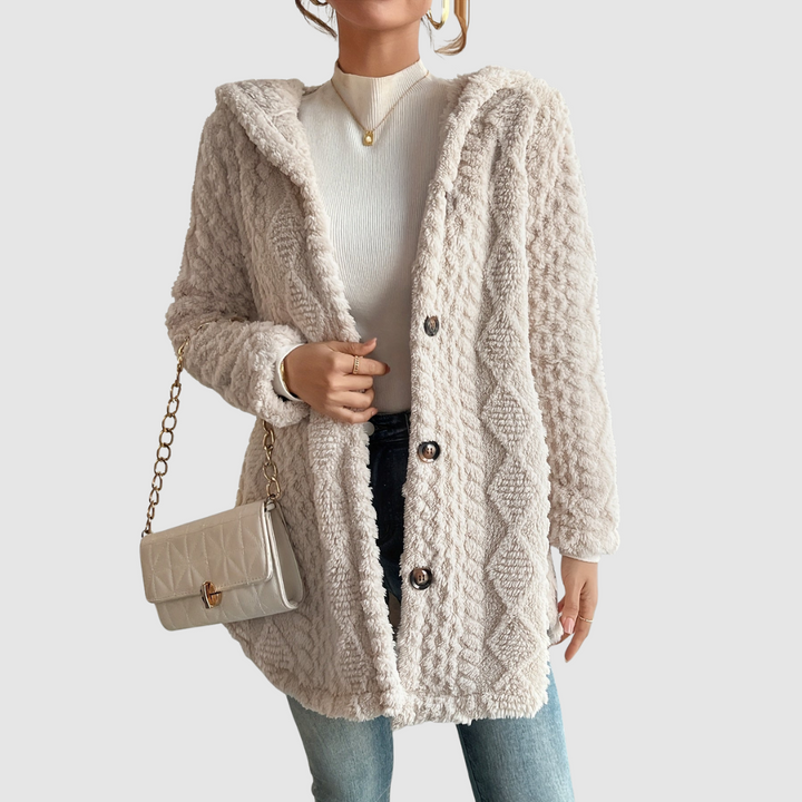 Barbora - Kapuzenstrickjacke aus Kunstfell