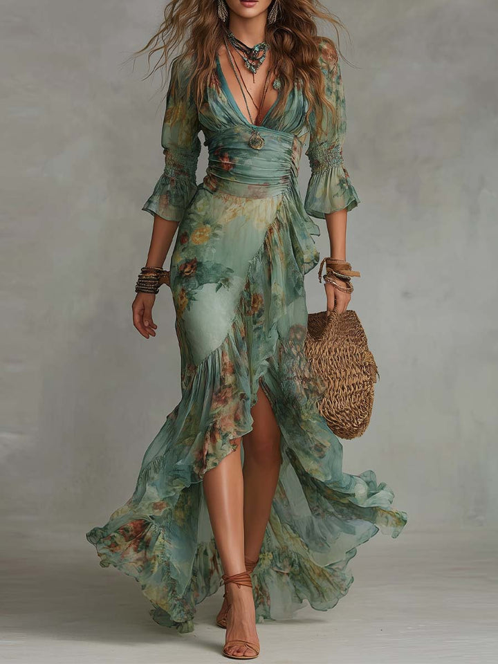 Aurora | Floral Maxi Kleid mit romantischem asymmetrischen Saum