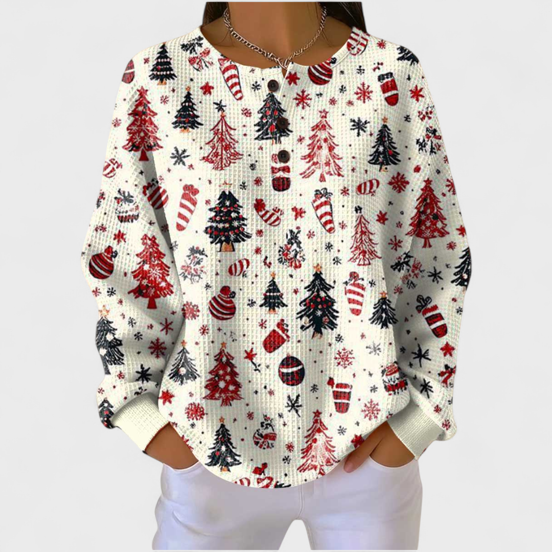Anna - Cremefarbener Pullover mit Weihnachtsbaum-Muster