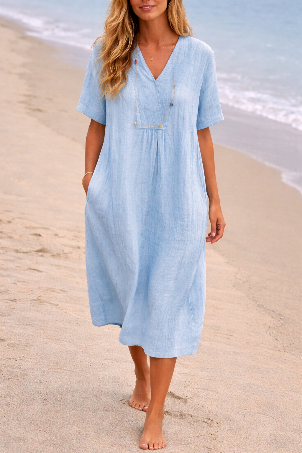 Isla | Damen Leinen V-Ausschnitt Kurzarm Midi Kleid