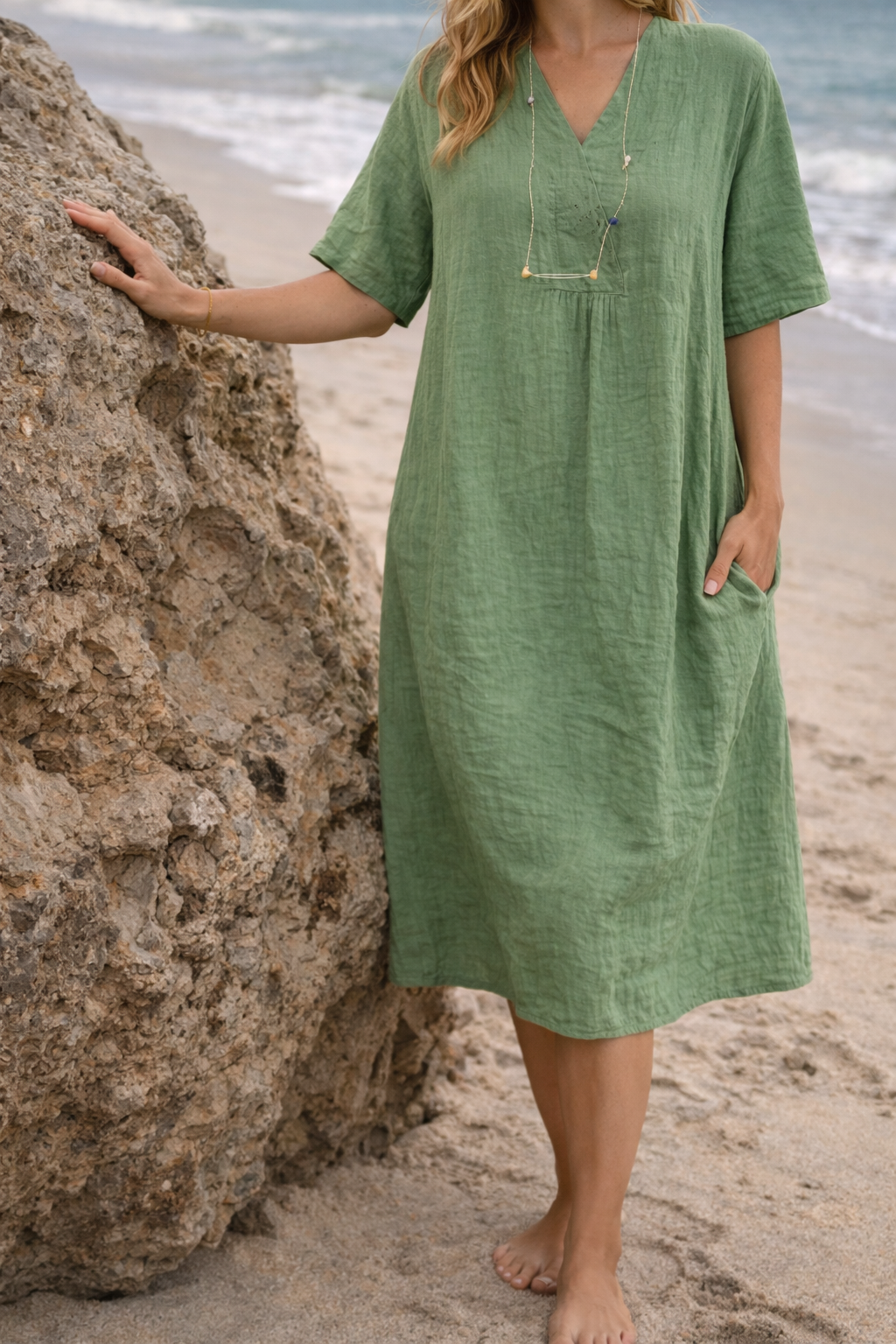 Isla | Damen Leinen V-Ausschnitt Kurzarm Midi Kleid