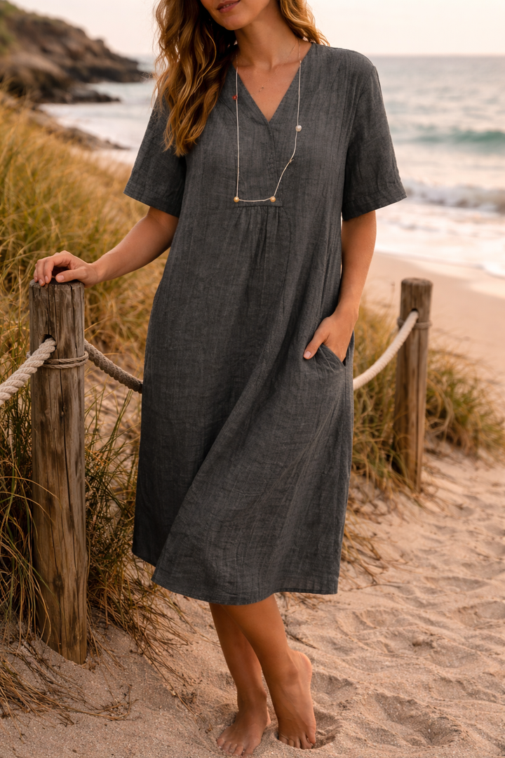Isla | Damen Leinen V-Ausschnitt Kurzarm Midi Kleid