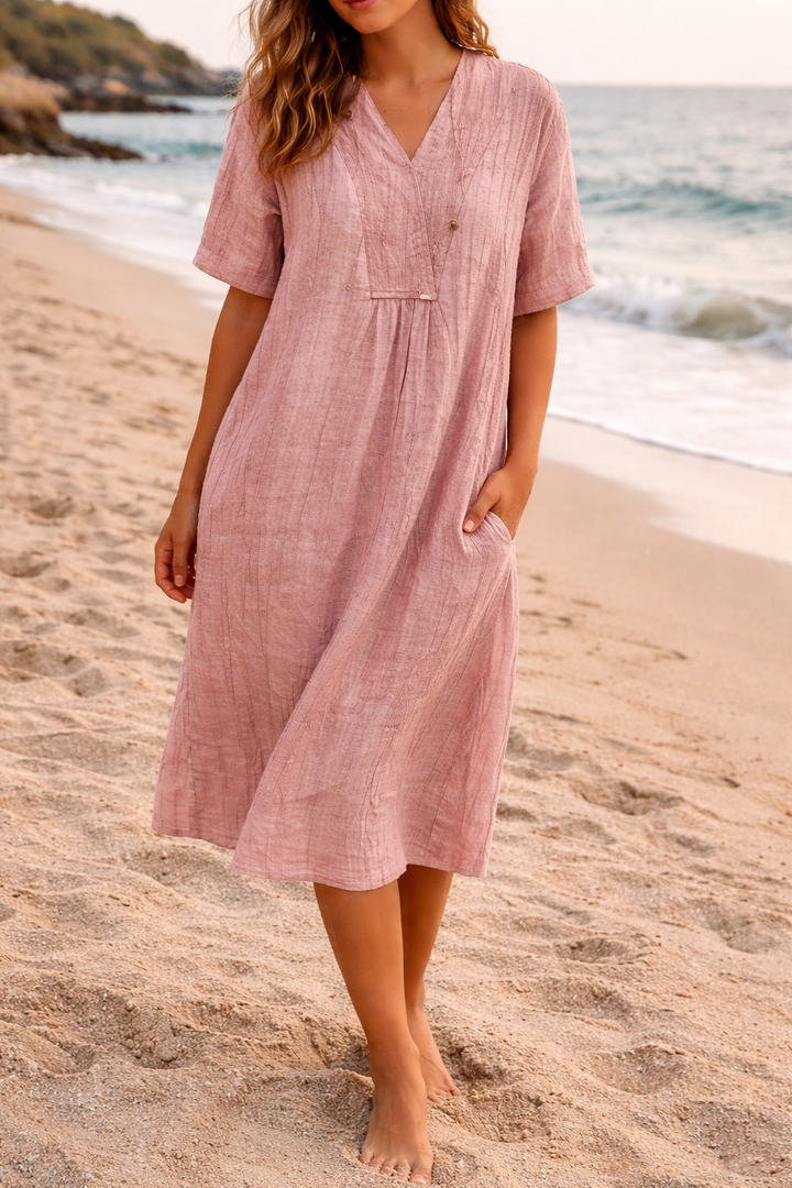 Isla | Damen Leinen V-Ausschnitt Kurzarm Midi Kleid