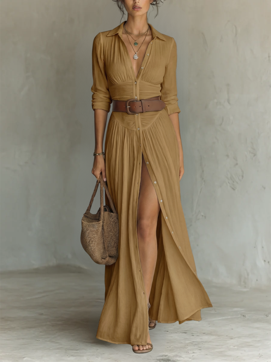 Helenia | Langes Maxi-Kleid mit eingeschnittenem Kragen und langen Ärmeln für Frauen