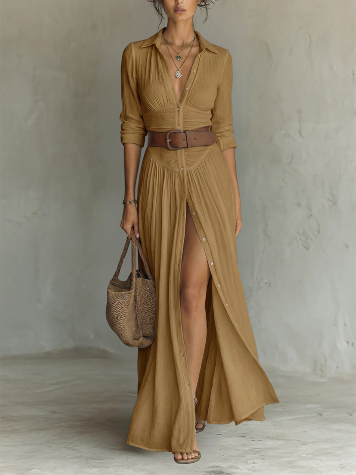 Helenia | Langes Maxi-Kleid mit eingeschnittenem Kragen und langen Ärmeln für Frauen