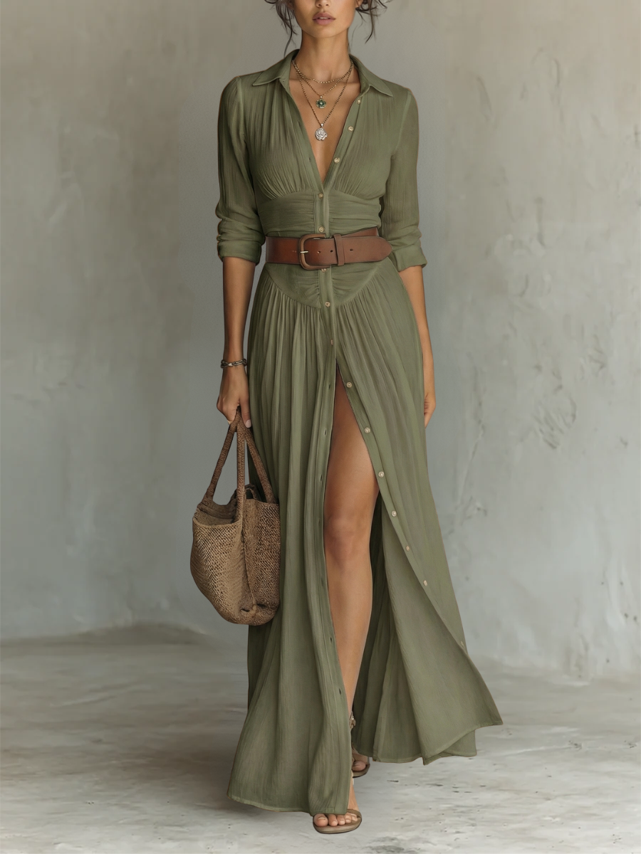 Helenia | Langes Maxi-Kleid mit eingeschnittenem Kragen und langen Ärmeln für Frauen