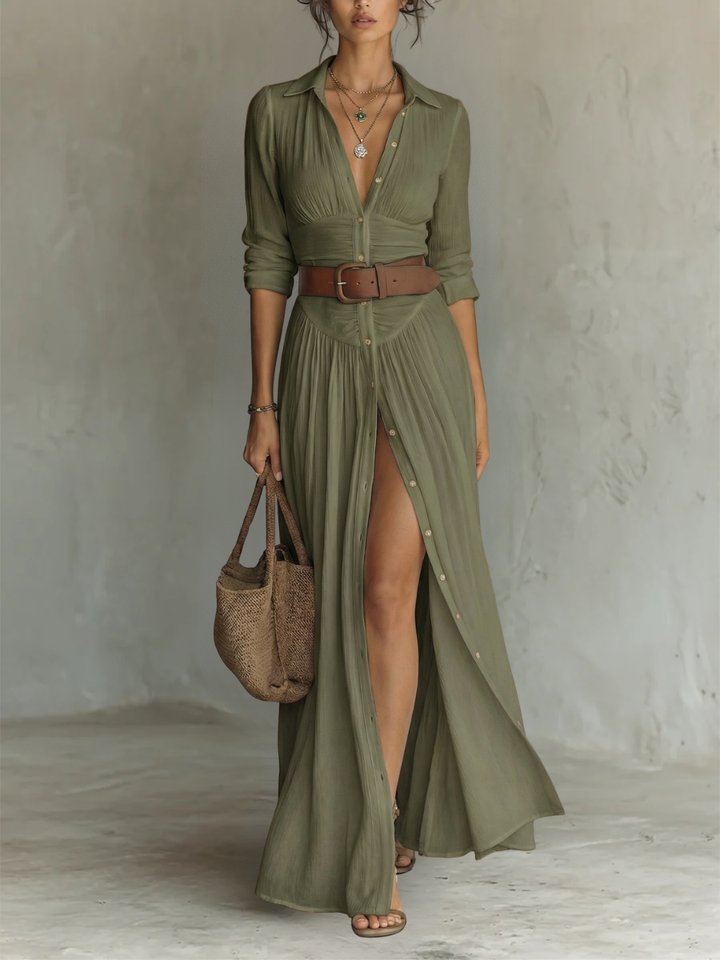 Helenia | Langes Maxi-Kleid mit eingeschnittenem Kragen und langen Ärmeln für Frauen