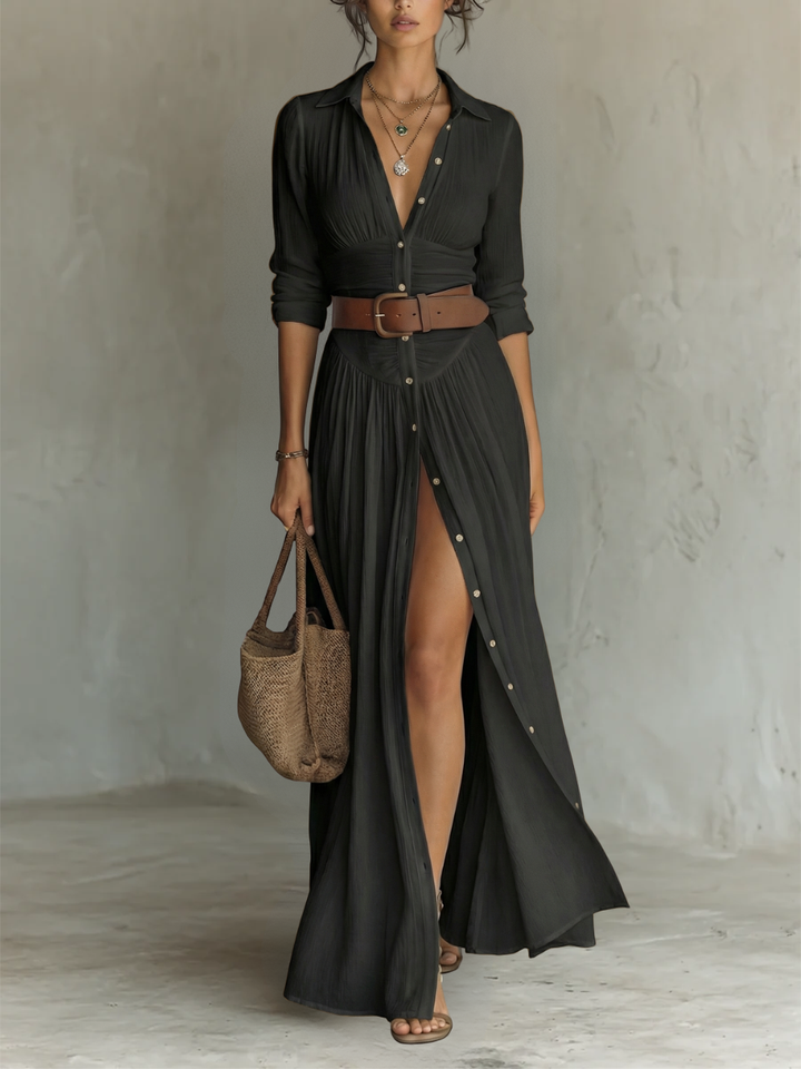 Helenia | Langes Maxi-Kleid mit eingeschnittenem Kragen und langen Ärmeln für Frauen