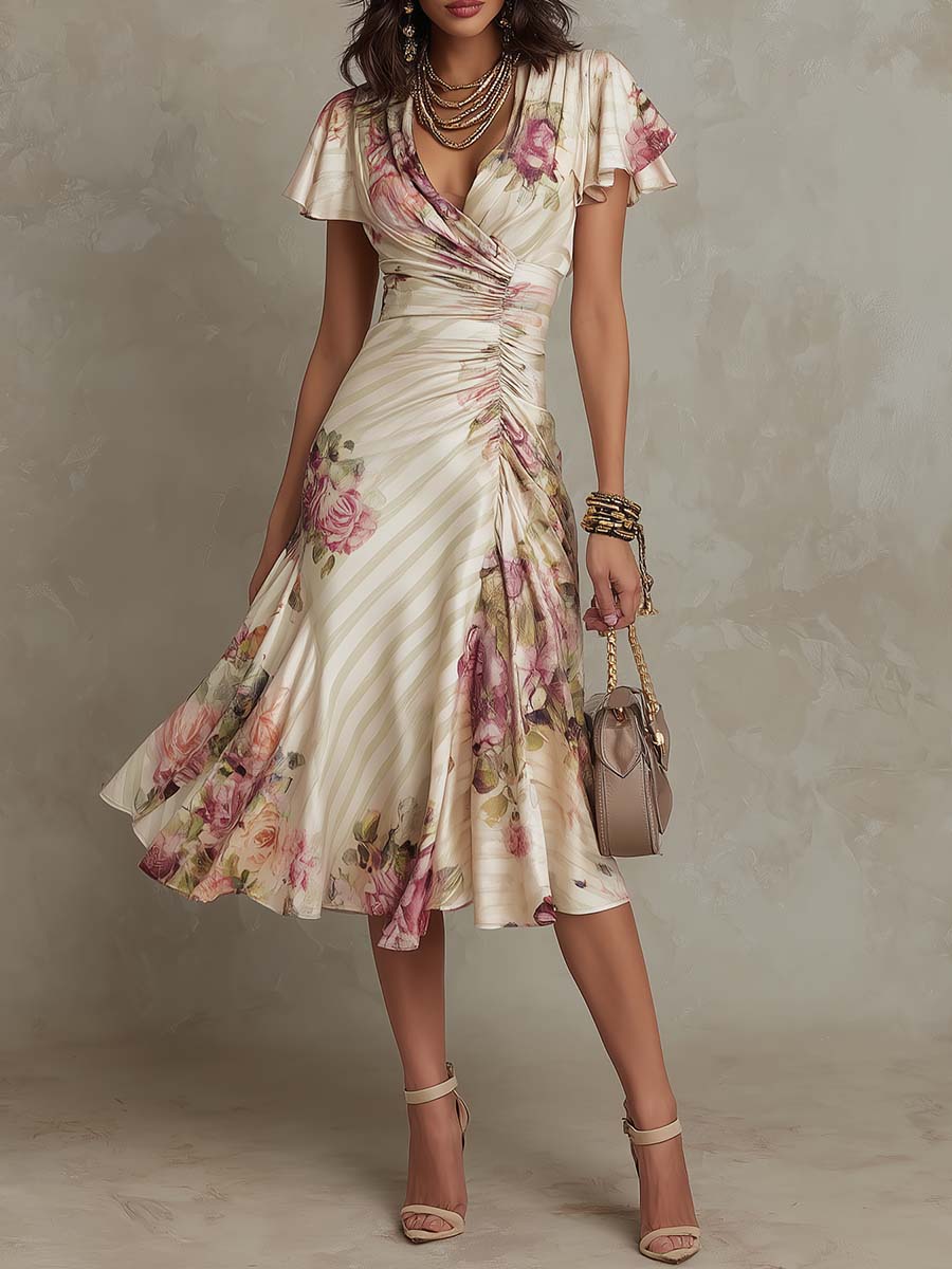Alba | Elegantes Retro Floral Midi Kleid