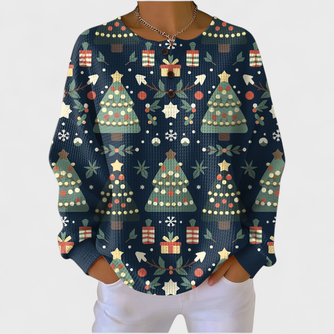 Fanny - Dunkelblauer Pullover mit Weihnachtsbaum-Muster