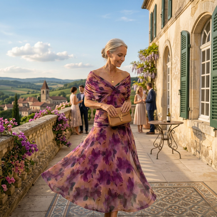 Diane | Maxikleid mit Drapé und V-Ausschnitt sowie Voileärmeln
