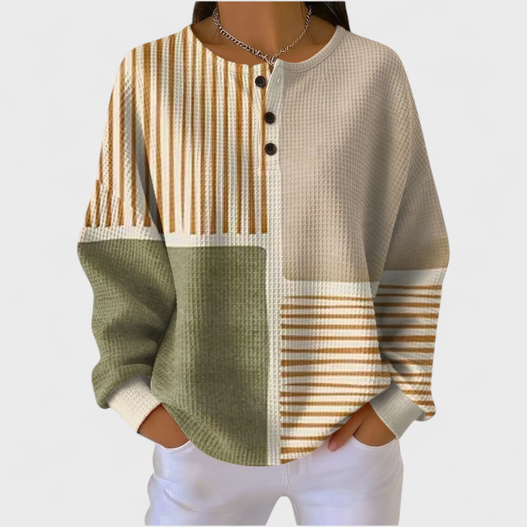 Luna - Beiger Pullover mit Streifen- und Patchworkmuster