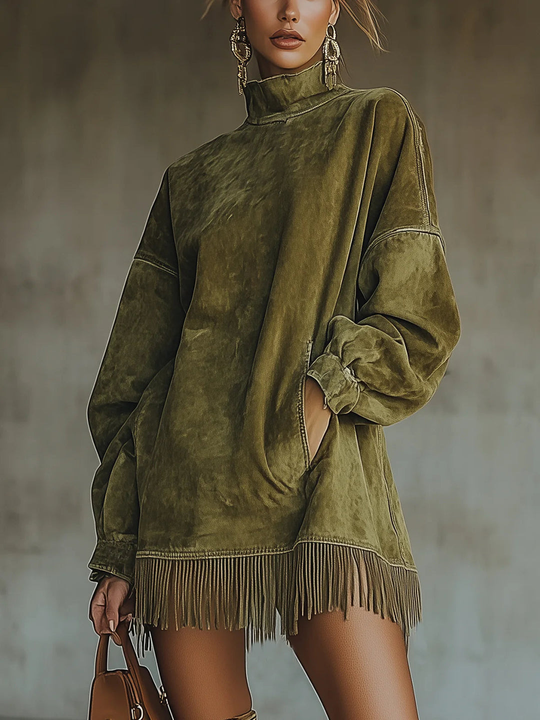 Amalia | Kleid mit hohem Kragen und Fransen