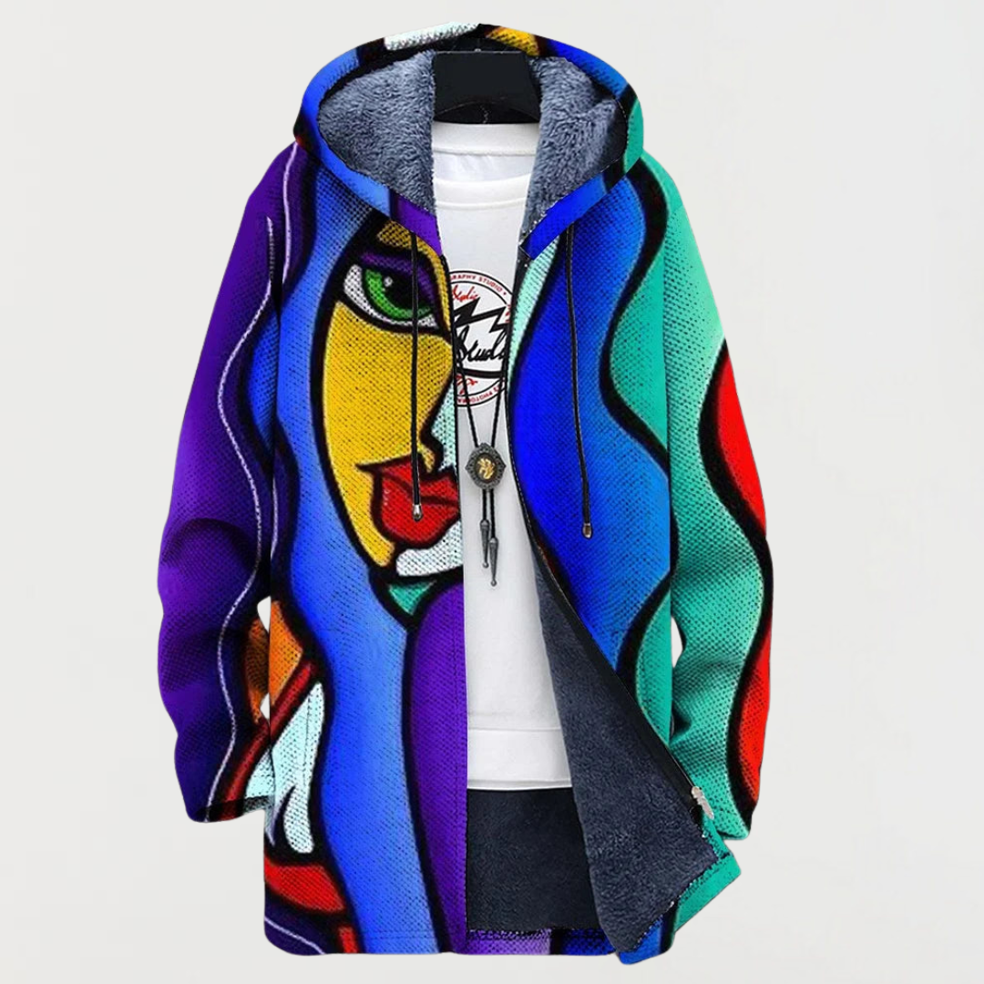 Dorina | Kapuzenjacke mit blau-rotem Kunstdruck