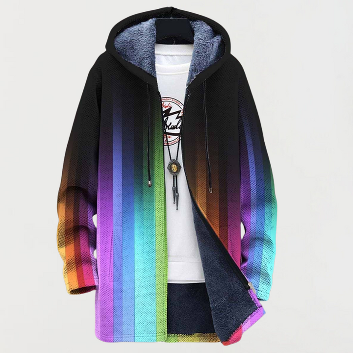 Ilka | Schwarze Jacke mit Kapuze und Regenbogenverlauf