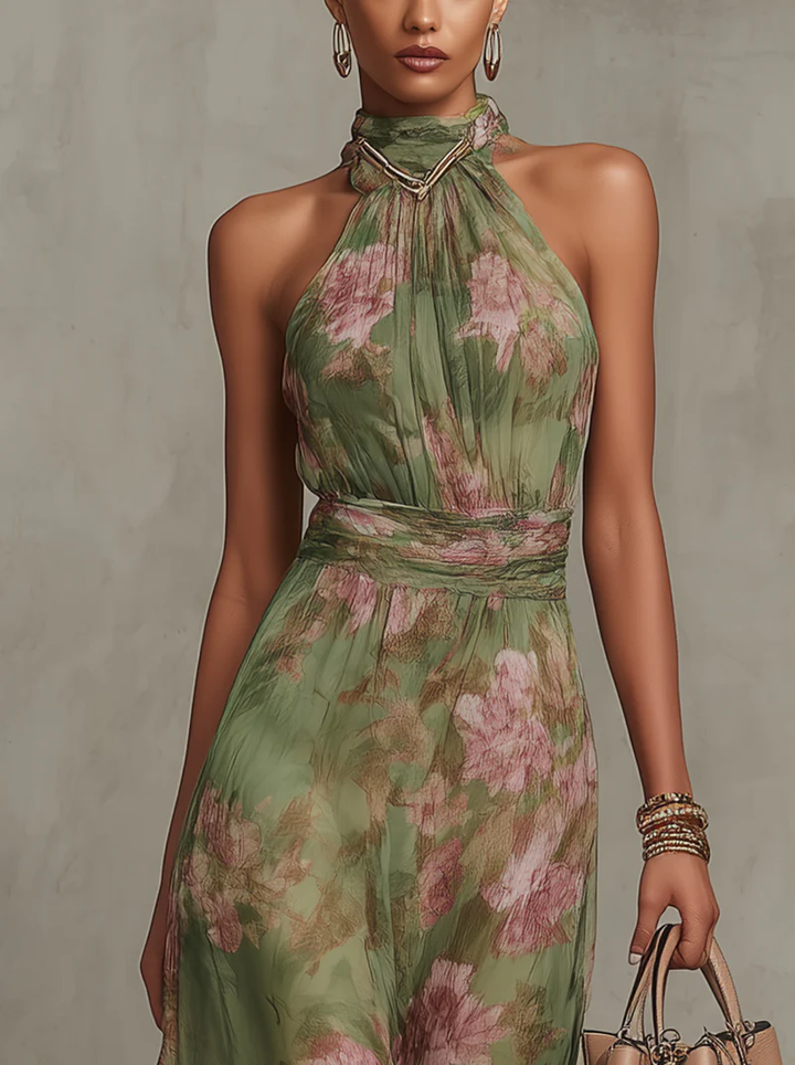 Serena | Grünes Floral Maxikleid mit Halterneck