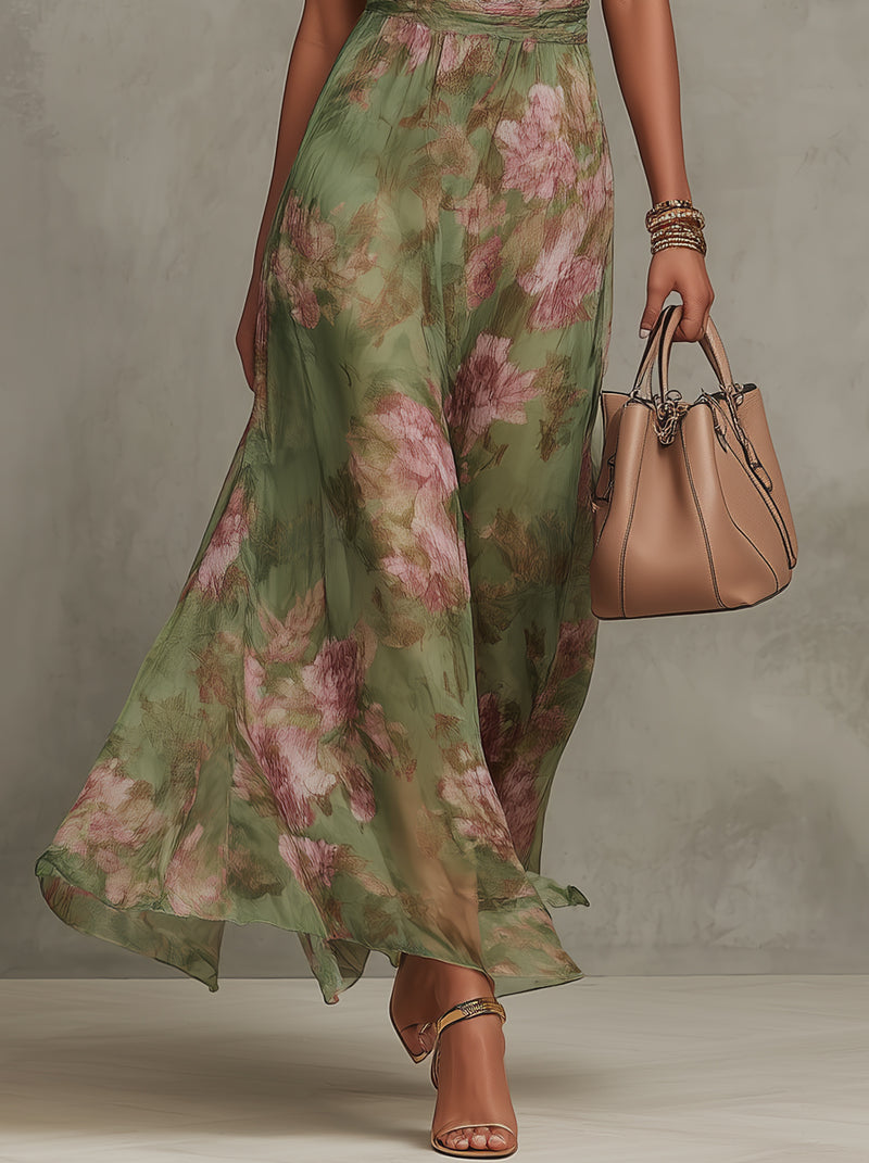 Serena | Grünes Floral Maxikleid mit Halterneck