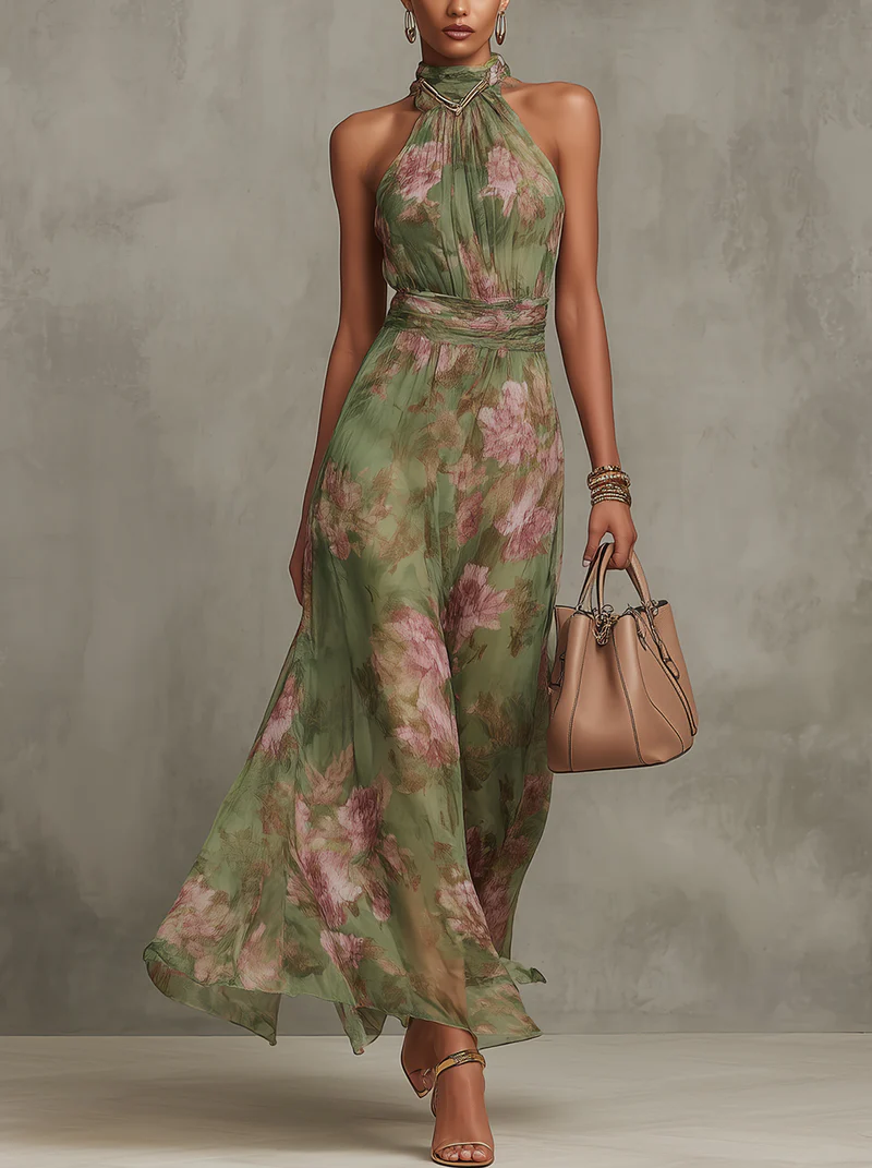 Serena | Grünes Floral Maxikleid mit Halterneck