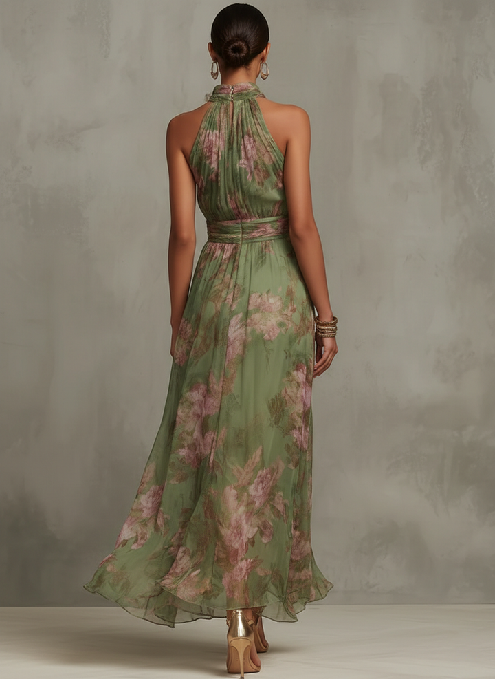 Serena | Grünes Floral Maxikleid mit Halterneck