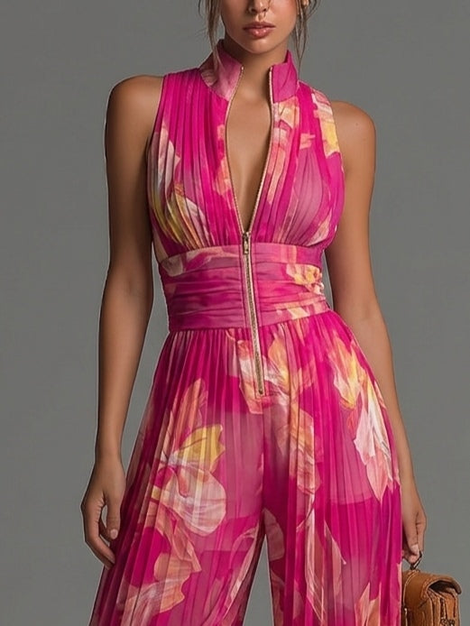 Leabella | Fuchsia Floral Plissierter Jumpsuit