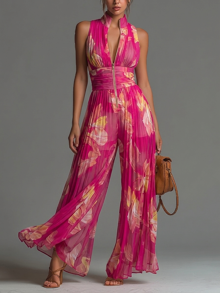 Leabella | Fuchsia Floral Plissierter Jumpsuit