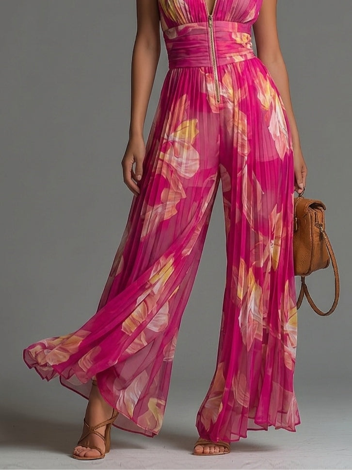 Leabella | Fuchsia Floral Plissierter Jumpsuit