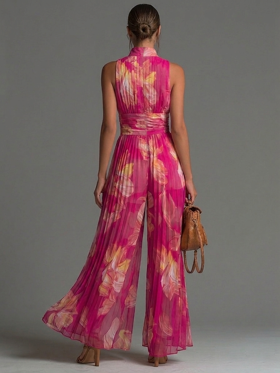Leabella | Fuchsia Floral Plissierter Jumpsuit