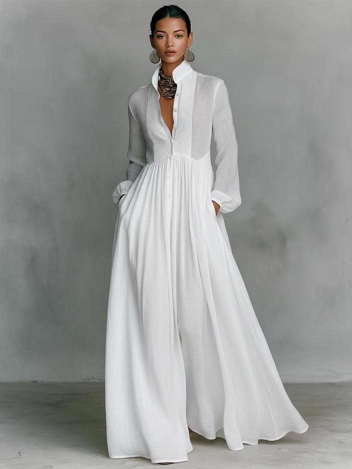 Sita | Maxi Minikleid mit Patchwork, hohem Kragen und langen Ärmeln