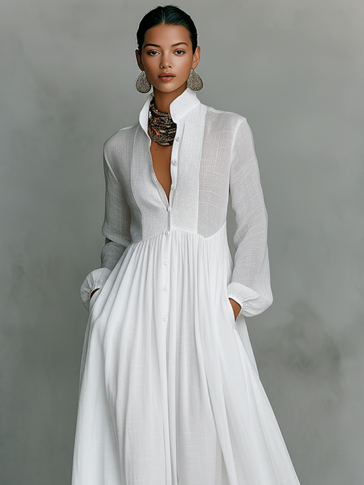 Sita | Maxi Minikleid mit Patchwork, hohem Kragen und langen Ärmeln