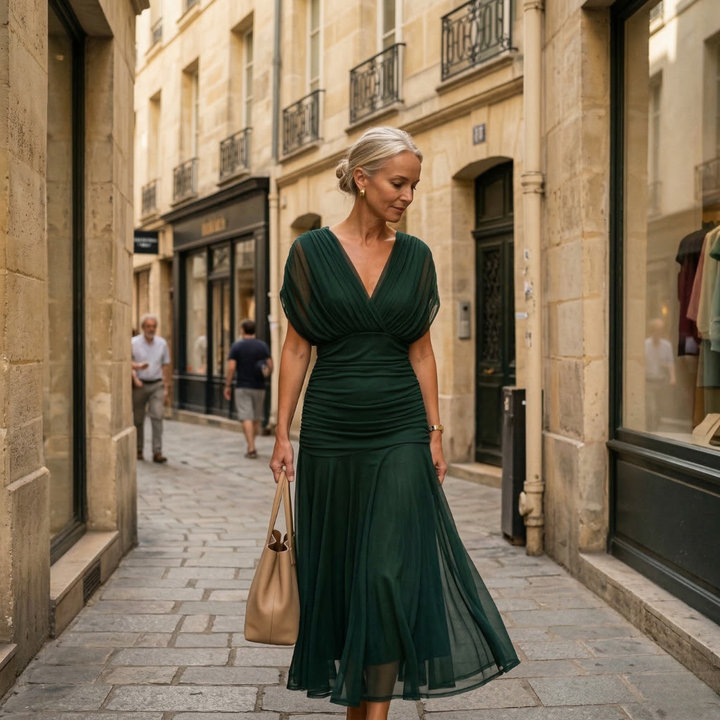 Diane | Maxikleid mit Drapé und V-Ausschnitt sowie Voileärmeln