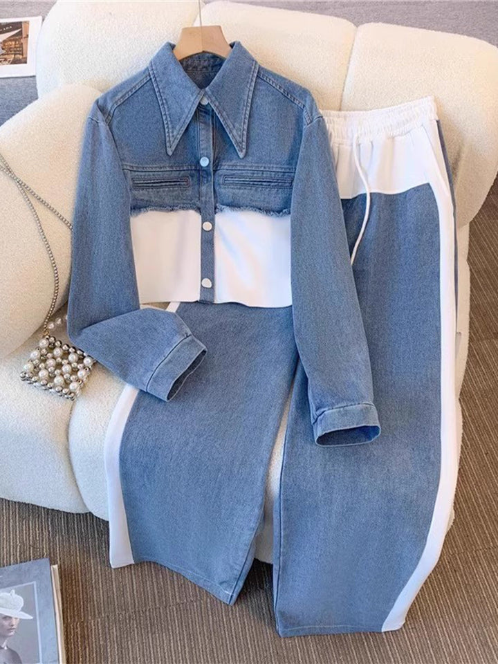 Natalie | Color-Block Cropped Jacke & Weite-Hosen Set