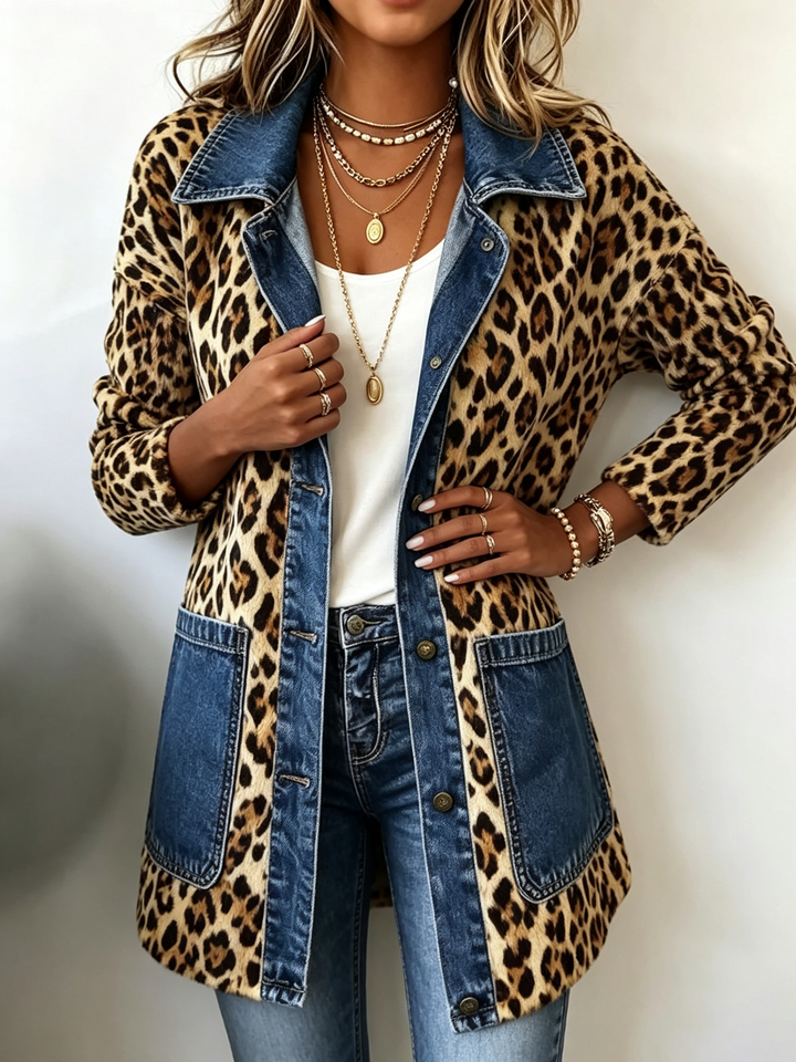 Nora | Leopardenmuster Denim Panel Kontrast Langjacke