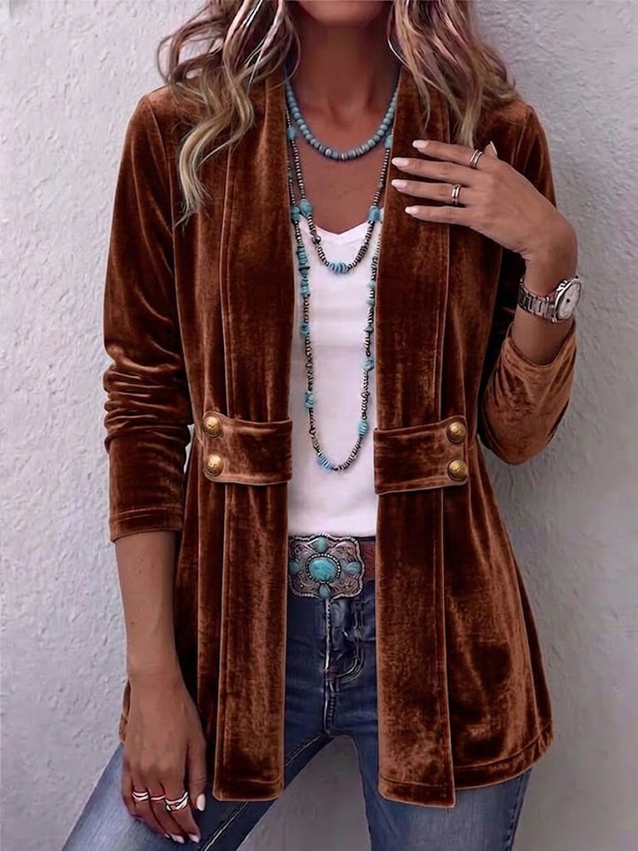 Avery | Vintage Reversknopf-Akzent Langarm Offene Front Jacke