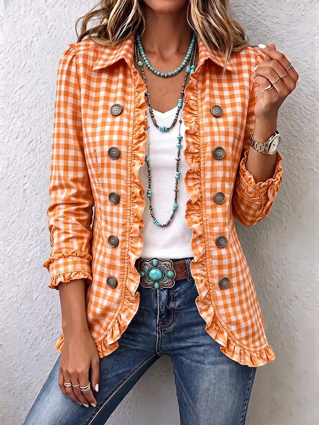 Evelyn | Gingham Rüschenshirt-Jacke