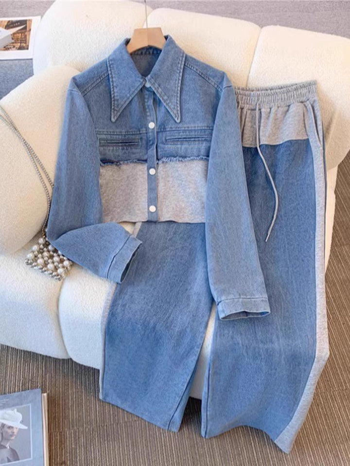 Natalie | Color-Block Cropped Jacke & Weite-Hosen Set