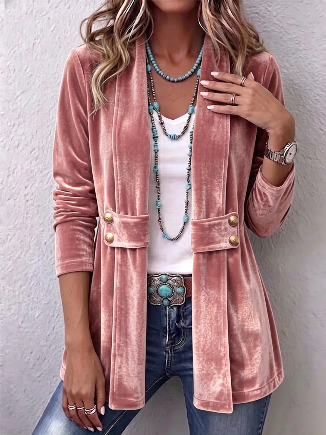 Avery | Vintage Reversknopf-Akzent Langarm Offene Front Jacke
