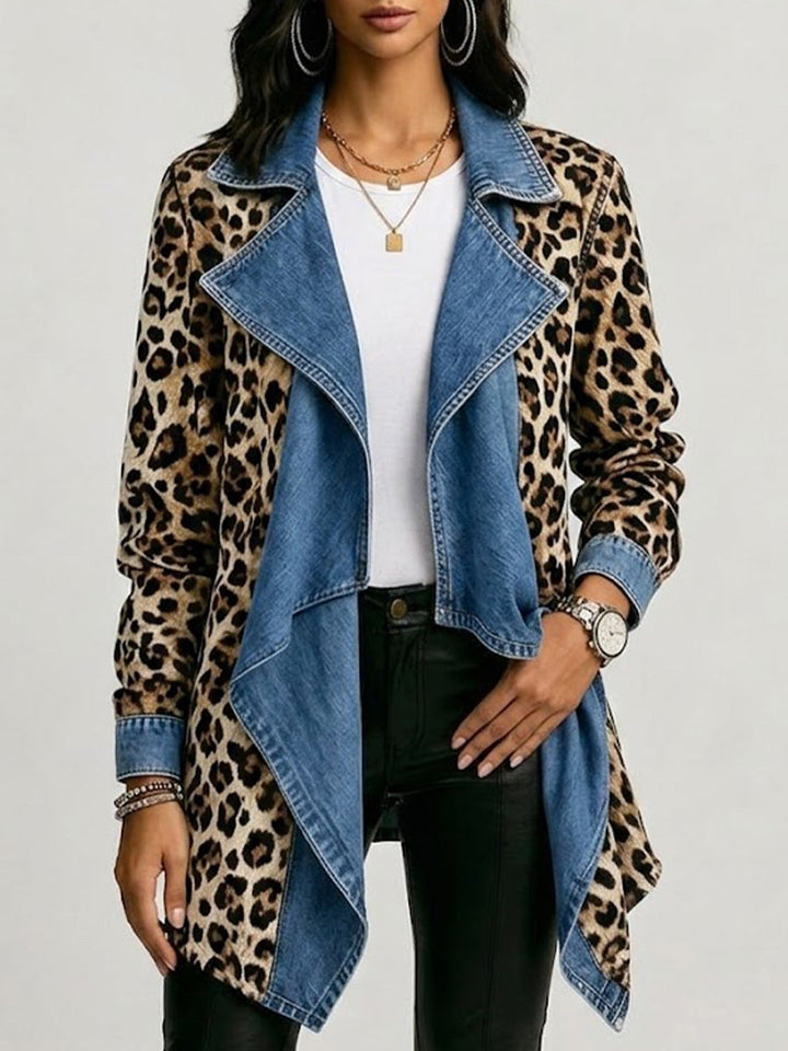 Victoria | Leopardenmuster & gewaschenes Denim-Paneel-Mid-Length-Jacke