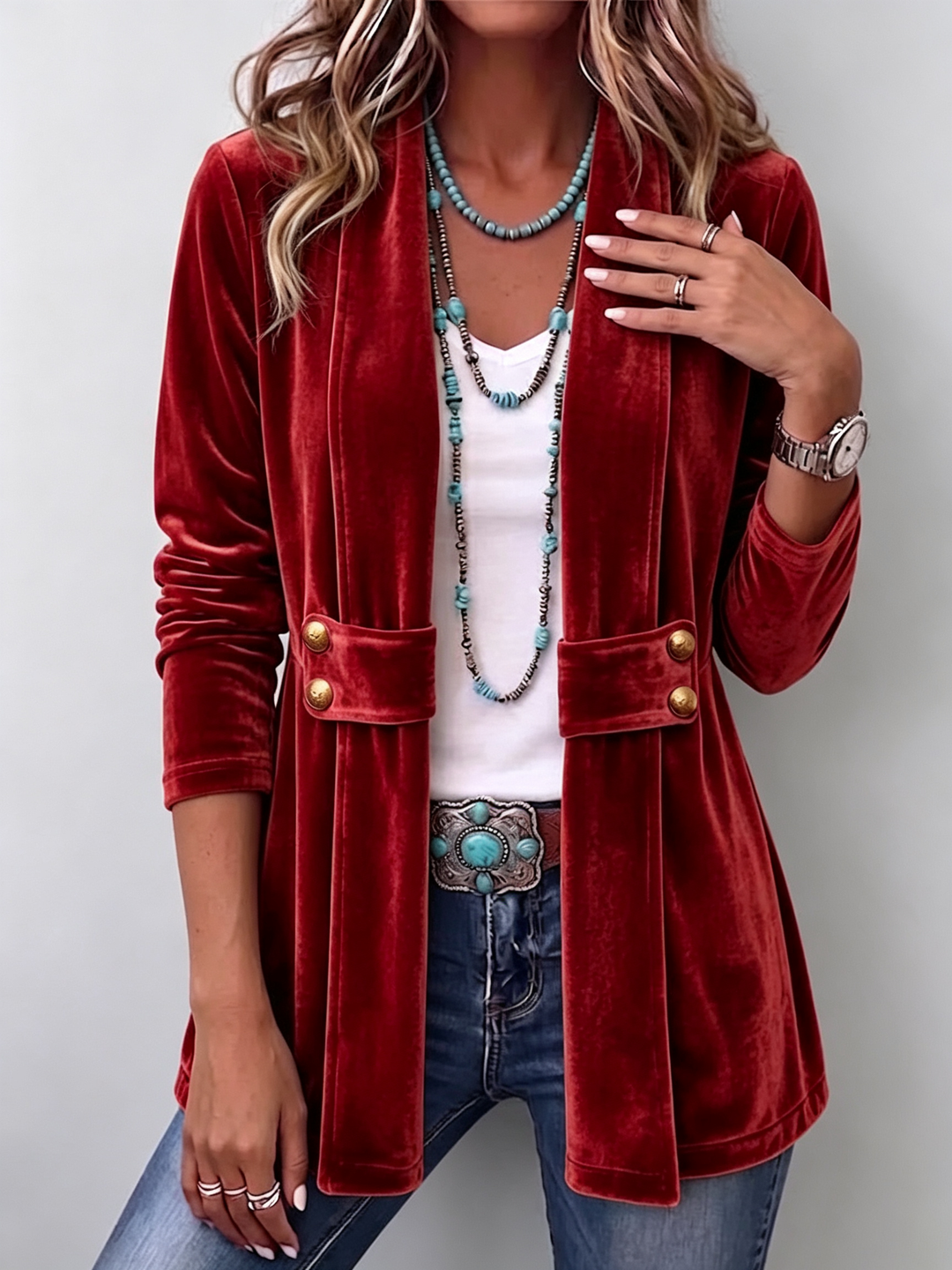 Avery | Vintage Reversknopf-Akzent Langarm Offene Front Jacke