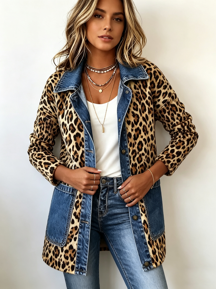Nora | Leopardenmuster Denim Panel Kontrast Langjacke