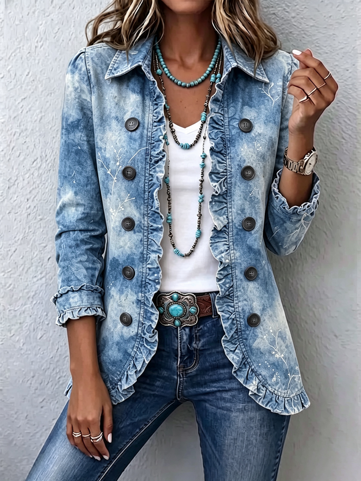 Sofia | Boho-Stil Gradient Vintage Botanischer Druck Rüschendetail Jacke