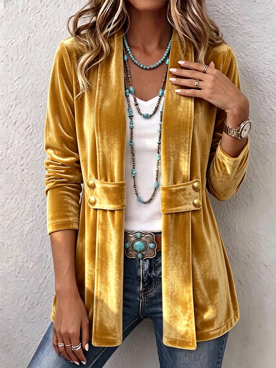 Avery | Vintage Reversknopf-Akzent Langarm Offene Front Jacke