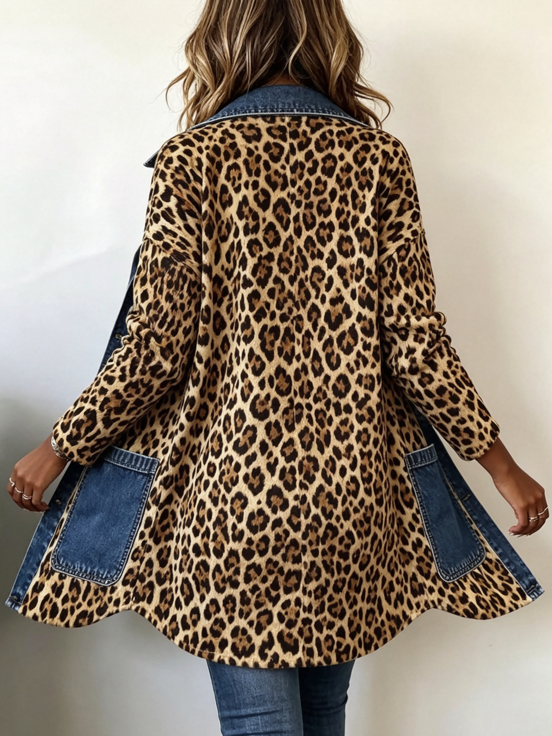Nora | Leopardenmuster Denim Panel Kontrast Langjacke